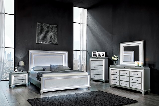 Galea Bed Gray Glam By Furniture Of America | Mobilia Cleopatra 3 Glam Luxury: Galea Bed Gray with LED Crystal Headboard