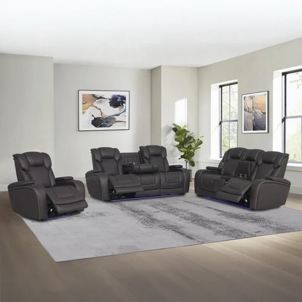 Gray Power Motion Sofa Set with Dropdown Table, Storage, USB & LED