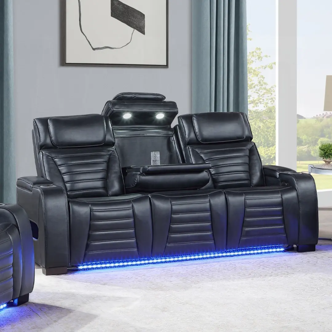 Ephron Black Leather Modern Motion Sofa With Power Reclining By Acme | Mobilia Cleopatra 3 Ephron Power Motion Sofa WDropdown Table, Wireless Charging, Reading Light, Power Headrests & LED