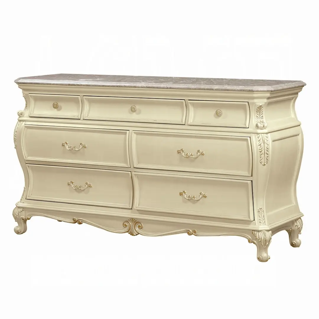 Chantelle Pearl White 7 Drawer Dresser With Granite Top By Acme | Mobilia Cleopatra 3 Pearl white 7 Drawer Dresser with Granite Top