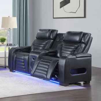 Black Leather Power Motion Recliner Loveseat with Console