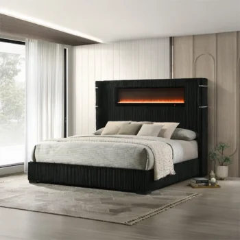 Black Bed with Fireplace Headboard