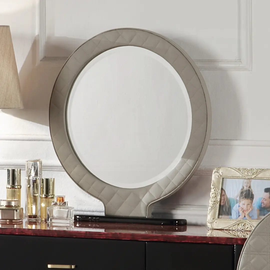 Jamonica Gray Round Vanity Mirror By Acme | Mobilia Cleopatra 3 Gray Round Vanity Mirror