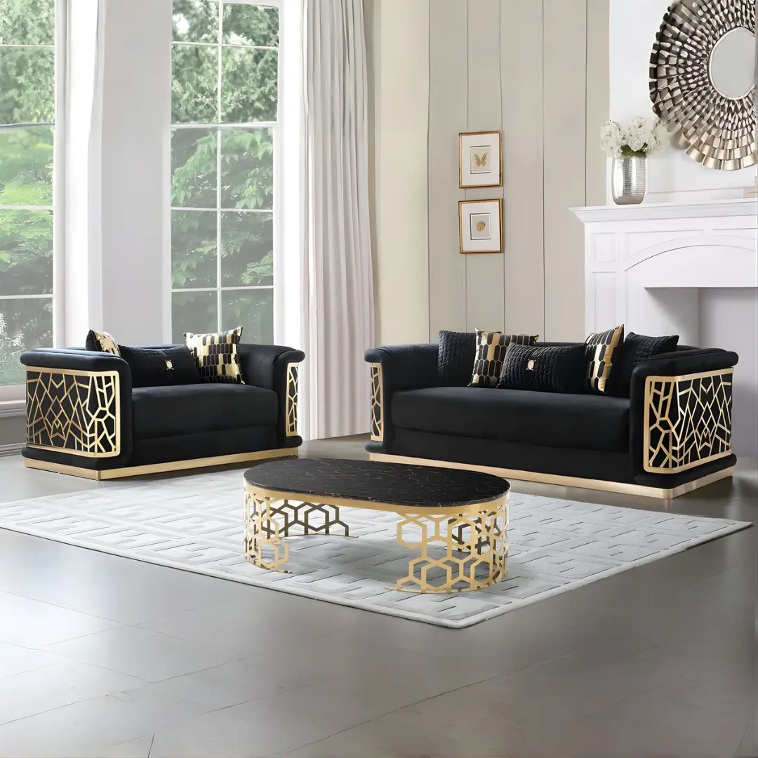 Velvet Black Loveseat With Gold Trim By Mcferran | Mobilia Cleopatra 3 Luxury Sofa Set For Living Room